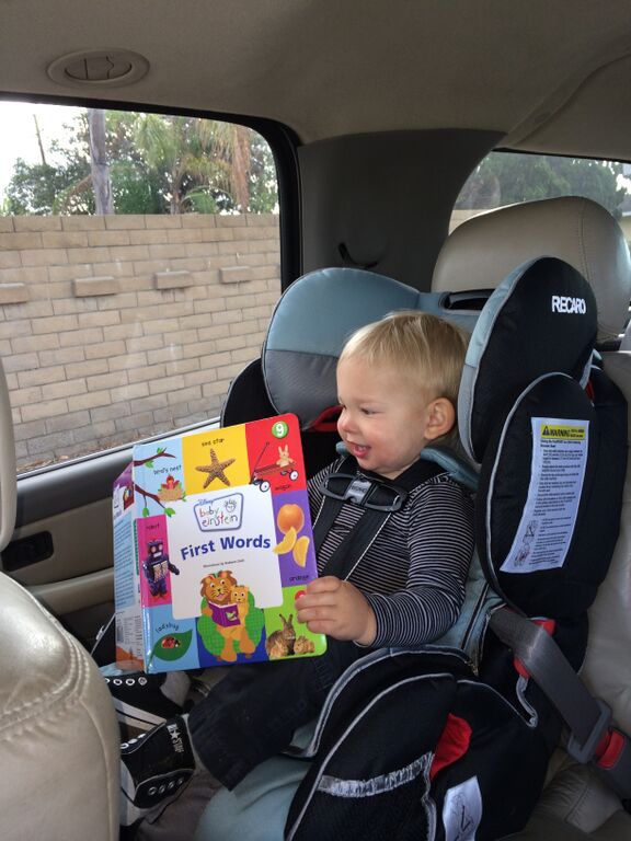 jasper with a book in his car seat